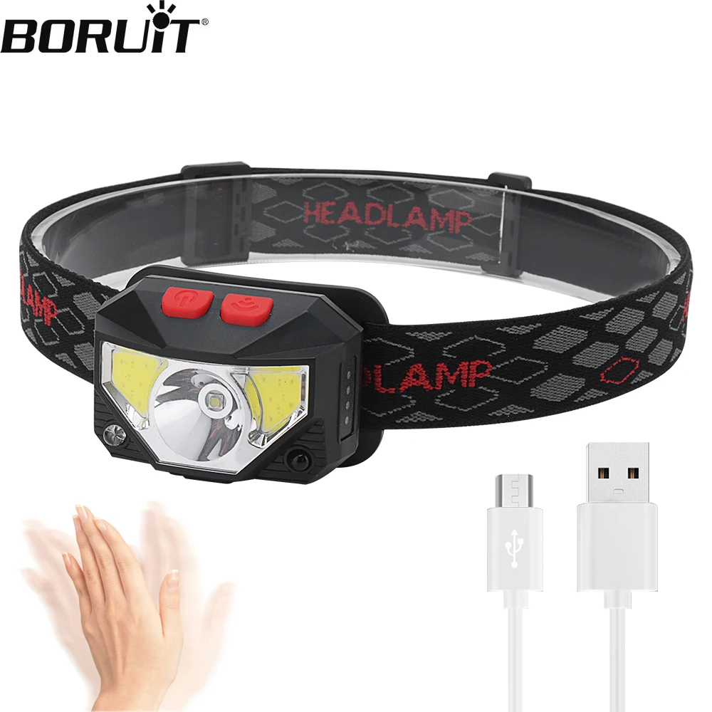 

BORUiT H03 Налобный фонарь с датчиком движения XPG COB USB Перезаряжаемая фара IP65 Водонепроницаемый налобный фонарь для кемпинга на открытом воздухе