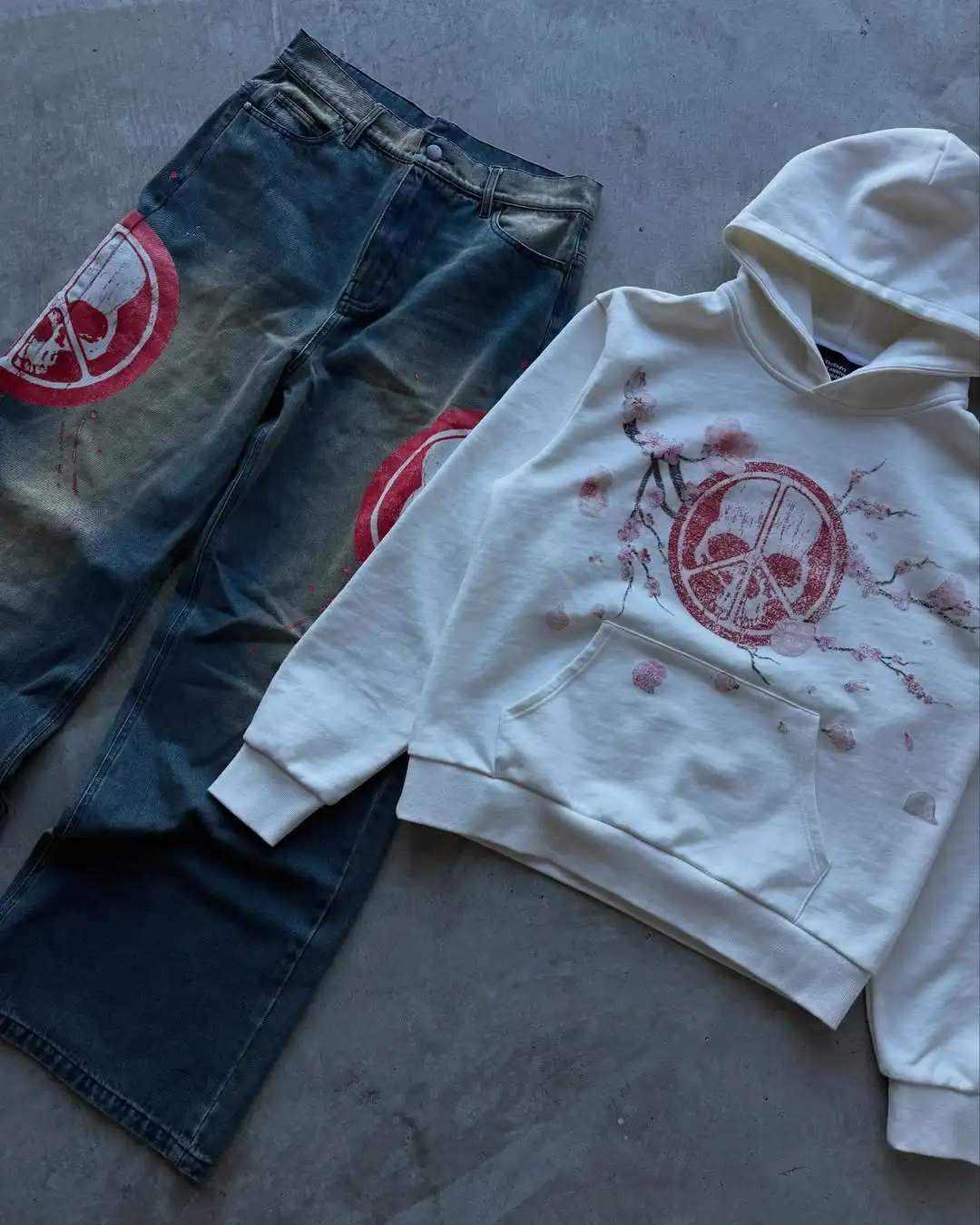 Street Gothic Sportswear Retro Skull Print White Hoodie Splicing Y2k Hoodie Blue Skateboard Straight Leg Jeans Two Piece Set