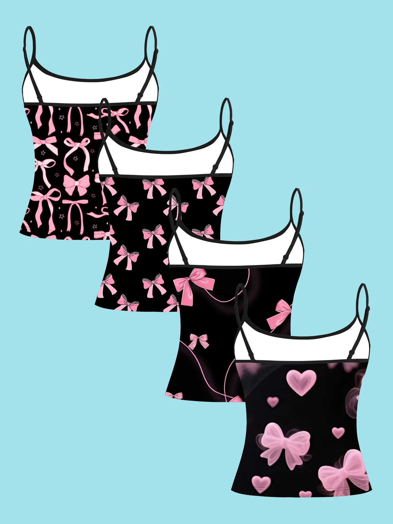 4-Piece Set of Sweet and Cool Girly Style Women's Camisoles, Black Base with Pink Bow and Heart Print, Slim-Fit Spaghetti Strap Short Camisole Tops