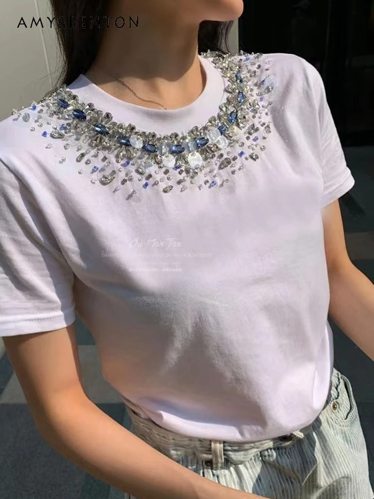 

Commute Style Fashion Loose Casual Short Sleeve Top Heavy Industry Beads Diamond Beaded Slim Tops All Match White Y2k Top Summer