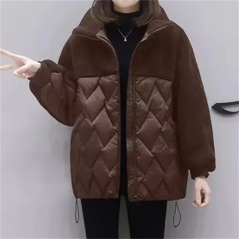 Korean Women Long Sleeves Parkas Tops Winter Femme Fashion Stand Collar Down Cotton Jacket Lady Casual Patchwork Lamb Wool Coat