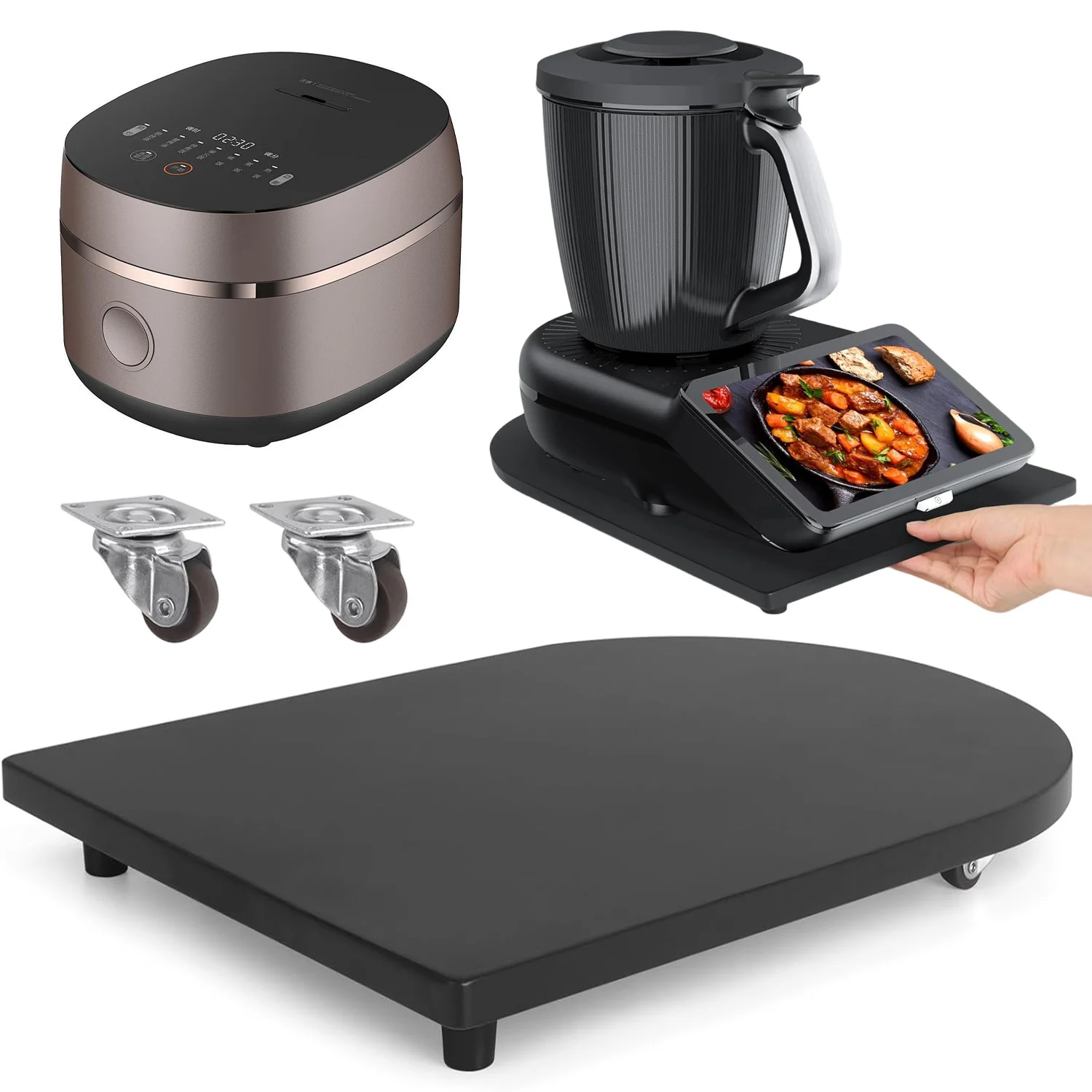 Płyta ślizgowa do Thermomix TM7, 360 ° Wózek z obrotowymi kółkami wykonany z litego drewna bambusowego, z antypoślizgowymi gumowymi nóżkami zapewniającymi pewne postawienie, wysokiej jakości