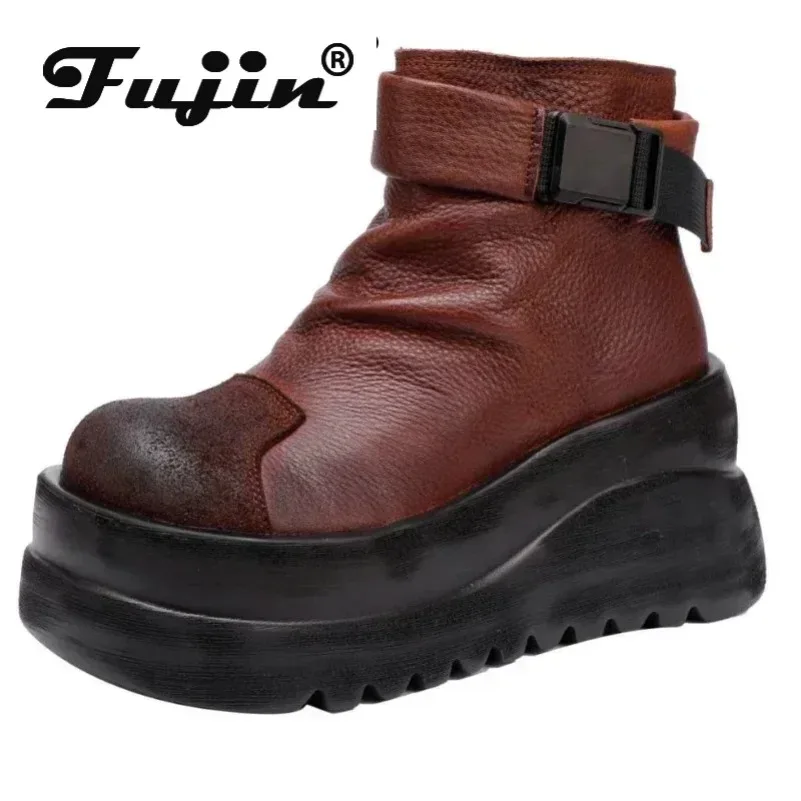 Fujin 9.5cm  Spring Boots Moccasins Chimney Ladies Women Shoes Natural Genuine Leather Fashion Ankle Booties Autumn Motorcycle