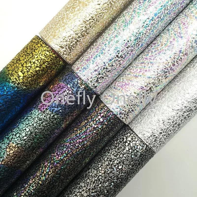 Onefly Wholesales Dropshipping Leather Supplier Iridescent Stone Synthetic Faux Vinyl Leather Fabric Sheets  For Bow DIY  FZ061