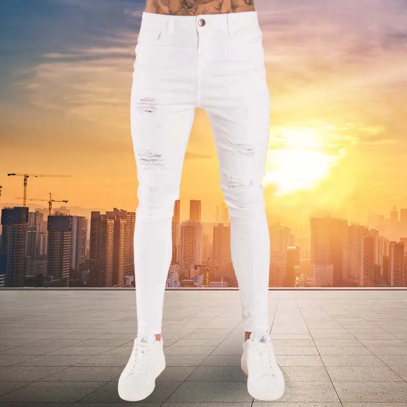 2024 New Mens Jeans Hip Hop White Moto Skinny Ripped Pure Color Elastic Denim Pants Male Casual Waistline Jogging Pencil Pants