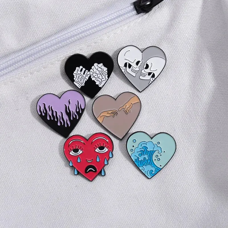 Punk Heart Shape Enamel Pins Custom Skeleton Lovers Ocean Wave Tears Brooches Lapel Badges Funny Jewelry Gift For Kids Friends