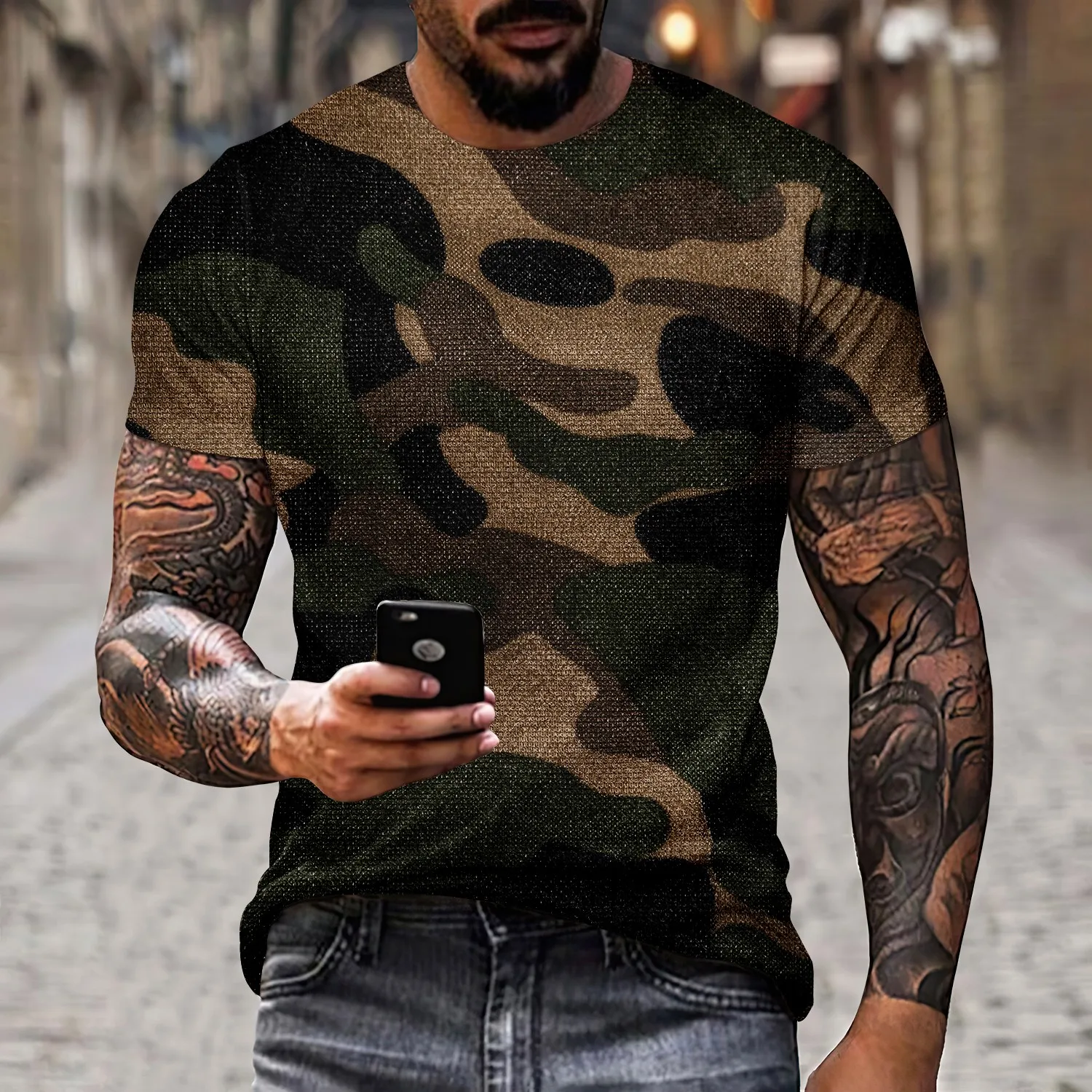 Hot selling fashion popular short sleeved T-shirt for men's summer3D printing novel casual outdoor military camouflage style top