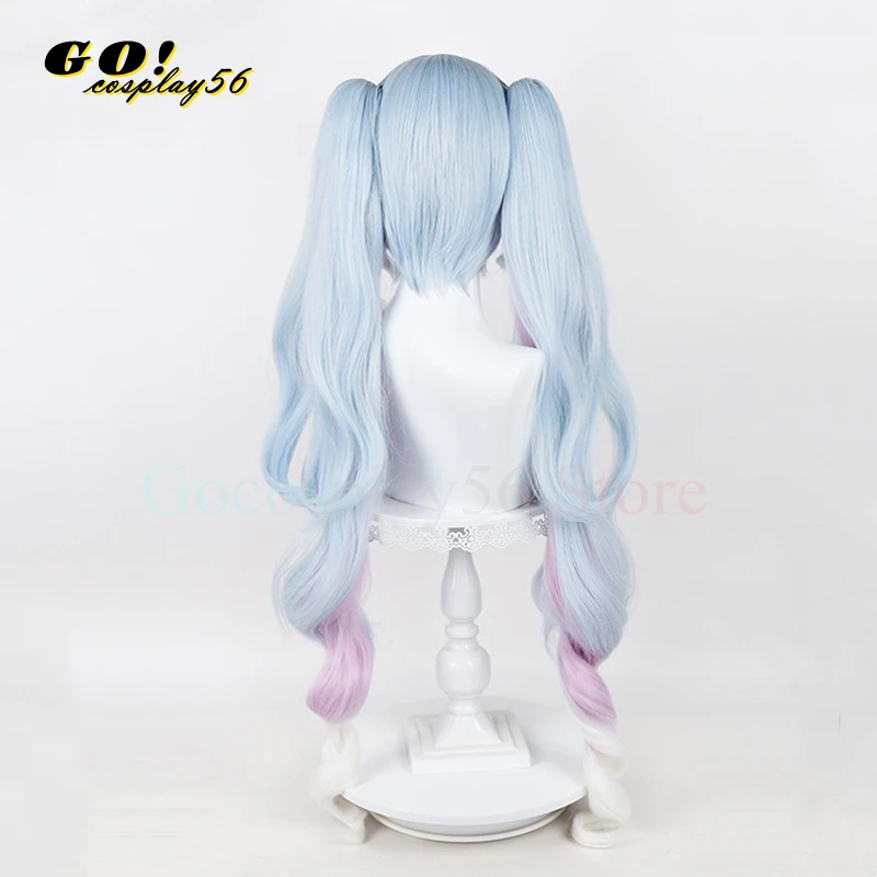 2023 Miku Cosplay Wig 90cm Long Ponytails Light Blue Mixed Purple Curly Synthetic Hair Virtual Idol Vtuber Twin Pigtails