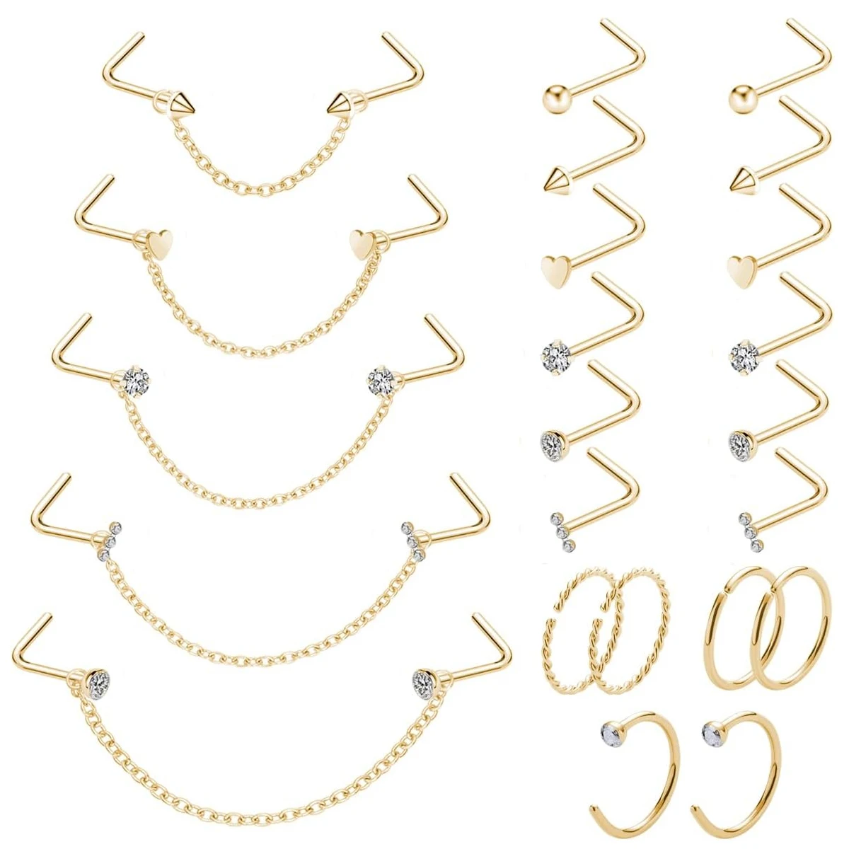 23pcs/Set 20G Nose Ring Piercing Chain Stainless Steel Across Nostril Jewelry With CZ Hoop Bone Screw L-Shape Stud for Women Men