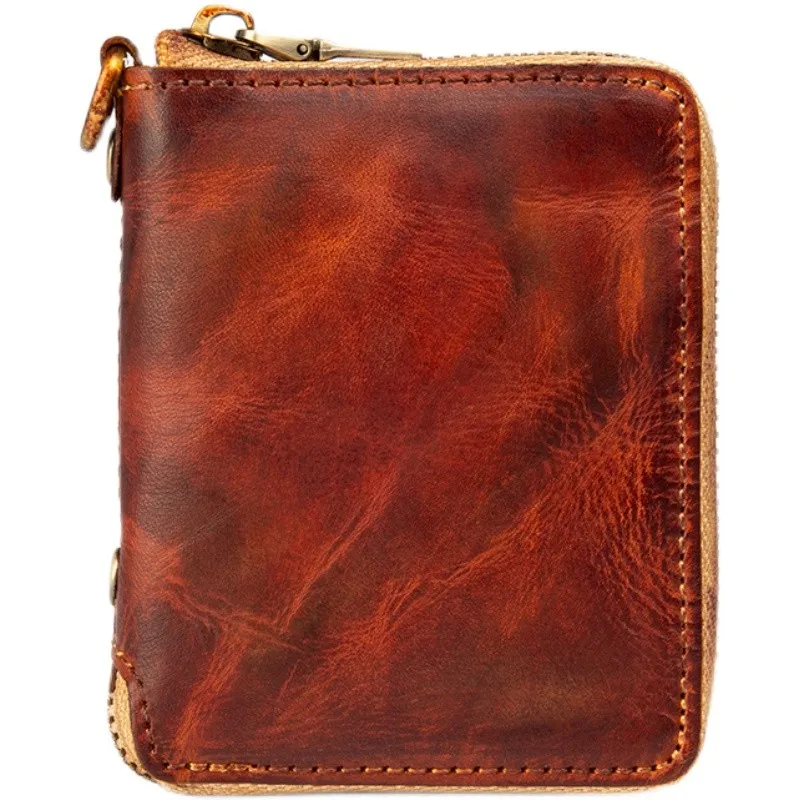 The first layer of leather zippers for men and women short wallet leather hand-painted retro wallet card vertical.