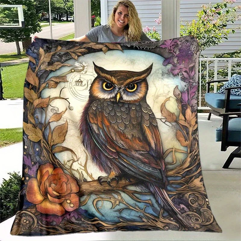 Owl Art Blanket Personalized Name Nature Fleece Throw All Season Soft Warm Bedding Home Decor Gift for Animal Lovers