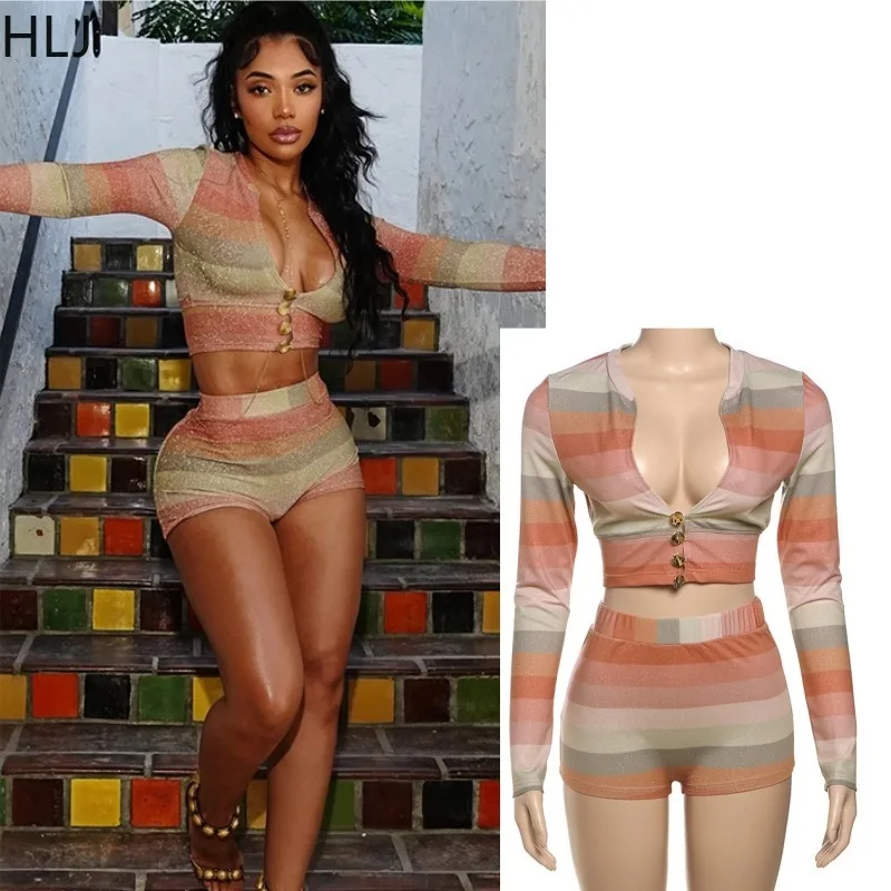 

FAGADOER Sexy Colorful Stripes Bodycon Jumpsuit Women Long Sleeves Deep V-neck Crop Top and High Waist Shorts Female Streetwear