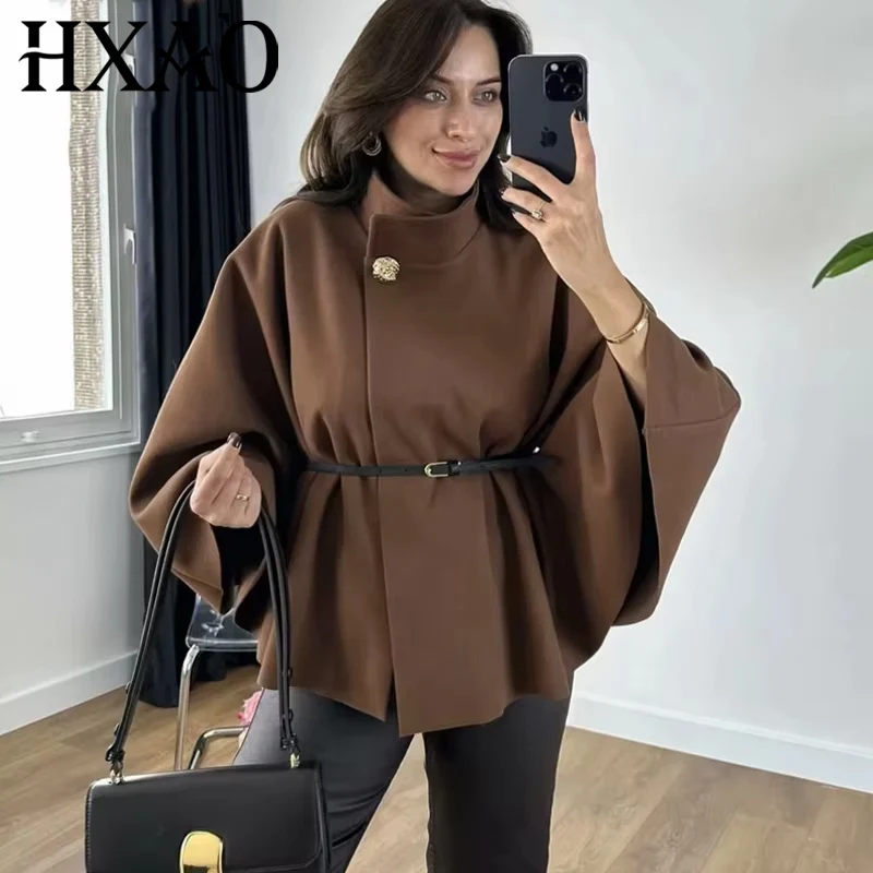 

HXAO Womens Coat Short Cape Coats For Women Belt Faux Wool & Blends Coats Autumn Winter Solid Coats Elegant Cloak Jacket Ladies