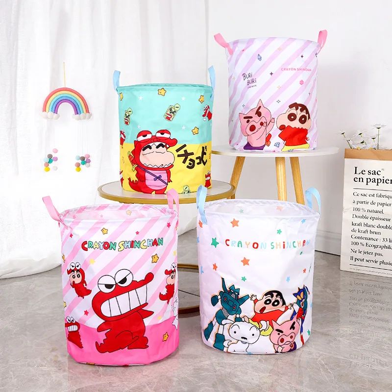 Crayon Shin-chan Cartoon Classic Round Laundry Hamper with Handles Foldable Toy Clothing Sundries Dirty Clothes Storage Basket
