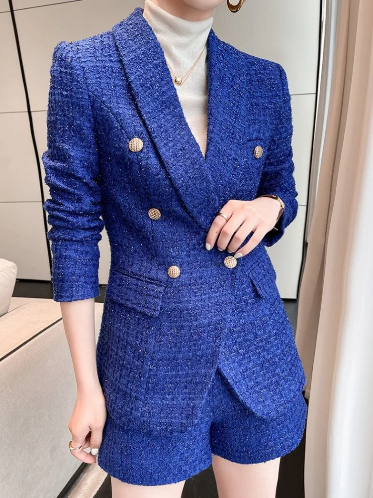 Autumn Women Double Breasted Tweed Suit Jacket High Waist Shorts Two Piece Set Office Lady Slim Fit Elegant Casual Suits Sets