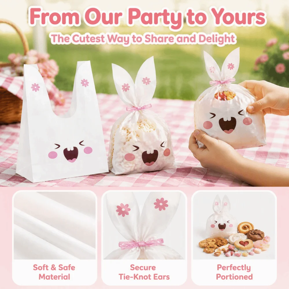 50PCS EVA Treat Bags Bunny Sheep Mouse Print Tie Closure Easter Candy Bags Long Ear Baking Packaging Bag Easter Party Favor