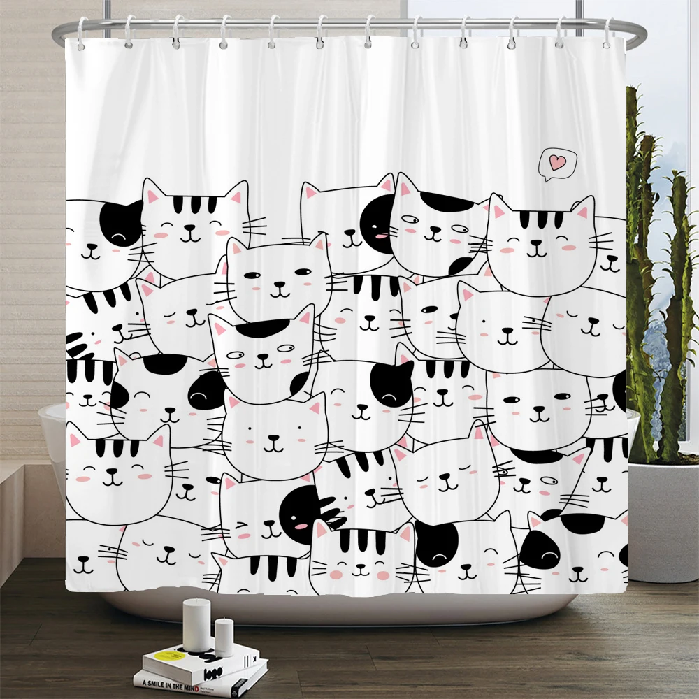 Cute Cat and Dog Shower Curtain Cartoon Painting Watercolor Baby Room Decor Curtain Modern Fabric Bathroom Curtain 180x180cm