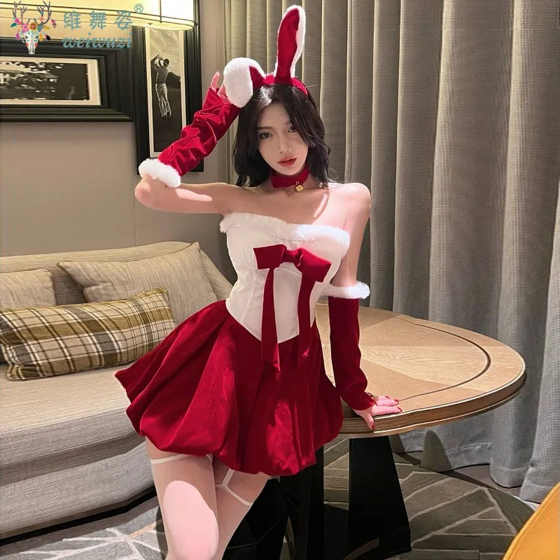 

Christmas Costumes Sexy Adult Women Tube Top Dress Christmas Cosplay Bunny Girl Bow Slim A-Line Dress NightClub Party Costume