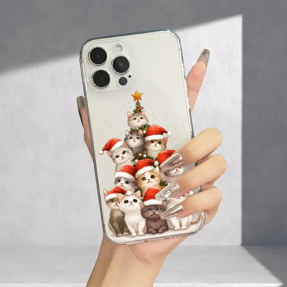 Funda de teléfono con diseño de gato navideño adecuada para iPhone 17 16 15 14 13 12 11 Pro/Max/Plus, funda trasera transparente anticaída y a prueba de golpes