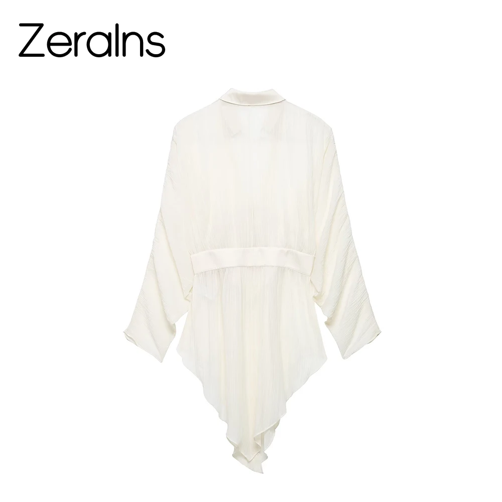 ZERAINS Summer new women's asymmetric hem flip V-neck bat long sleeved semi transparent waist cinching shirt
