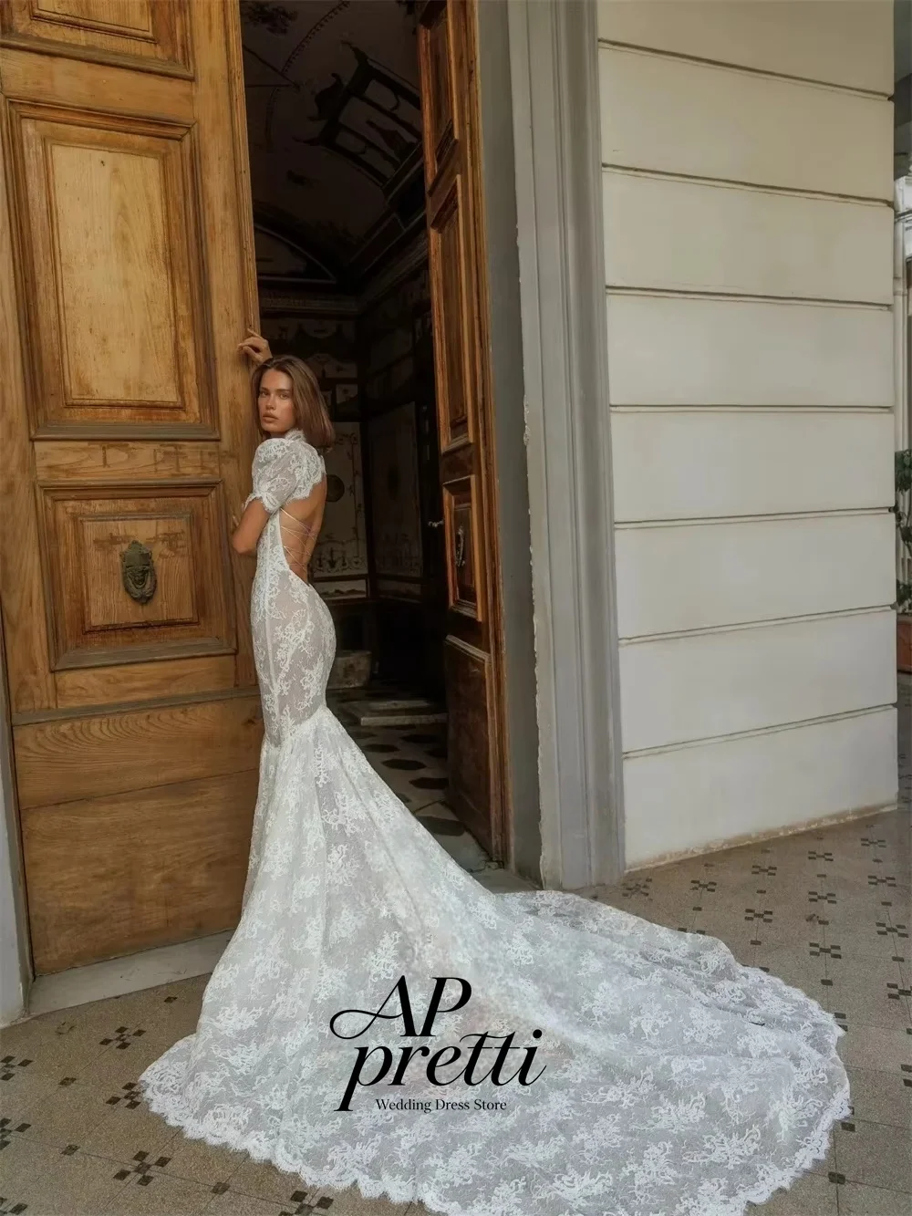 AP pretti Timeless Ivory High Neck Sweetheart Wedding Dresses For Woman Short Puff Sleeve Lace Mermaid Bridal Gown Customized
