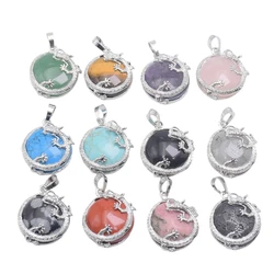 Gemstone Pendants Silver Color Women Dragon Natural Stone Pink Crystal Quartz Tiger Eye Flat Round Beads Necklace Jewelry
