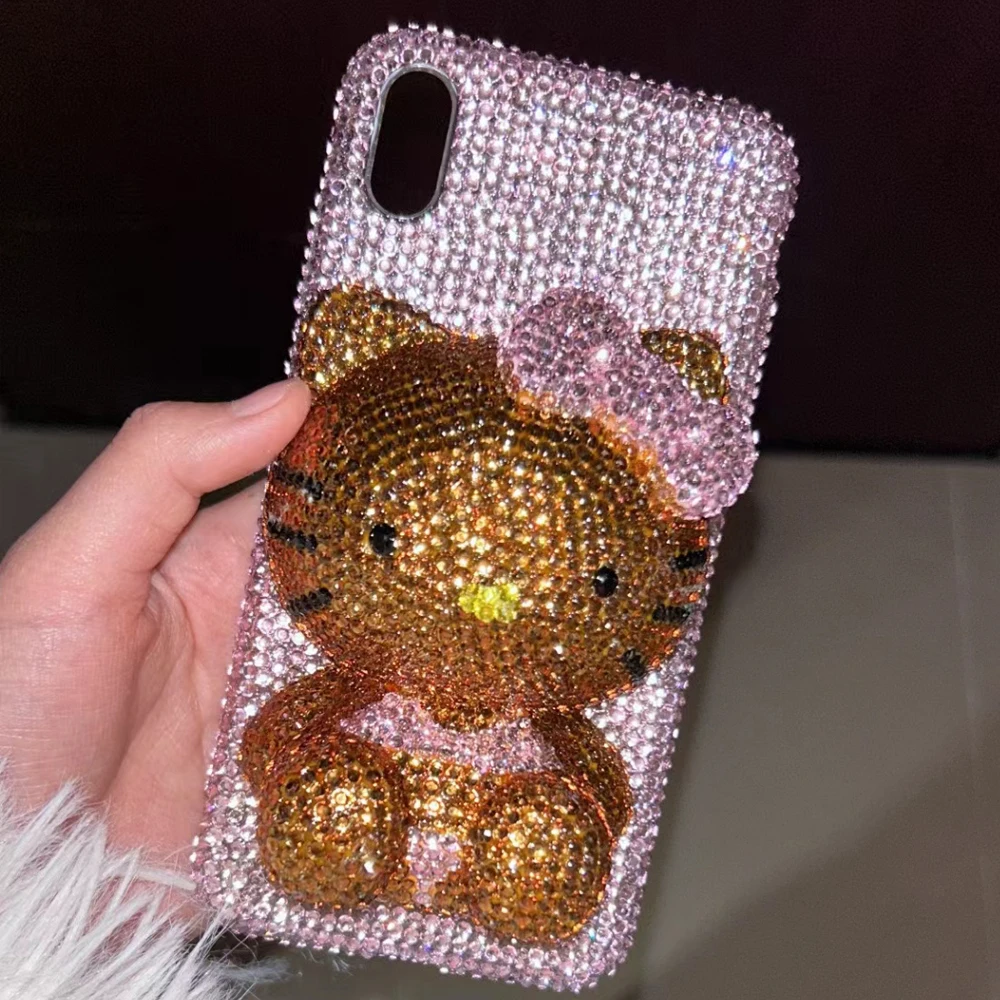 مرحبا كيتي حجر الراين بلينغ كريستال قضية الهاتف سلسلة آيفون 17 16 15 14 13 12 11Pro ماكس X Xs XR 7 8 زائد الوفير الشفاف