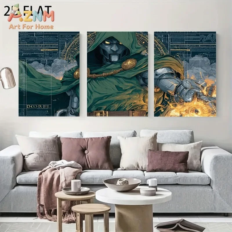 3pcs Doctor Doom Superhero Canvas Wall Art Dark Blueprint Magic Flame Print Unframed Canvas Painting For Boys Room Living Room