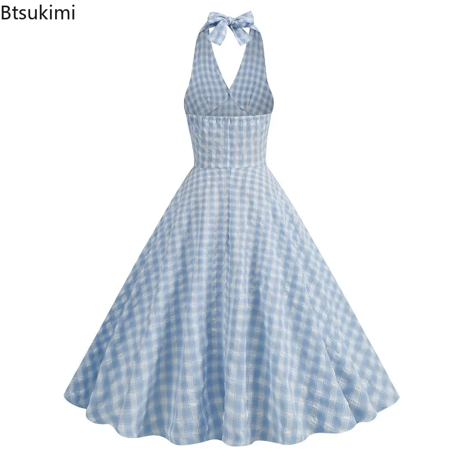 2025年新作 レディース ヴィンテージ ネックマウント ブルー ドレス サマーカジュアル スリムフィット チェック柄ワンピース レディース スイング ティーパーティー エレガントドレス