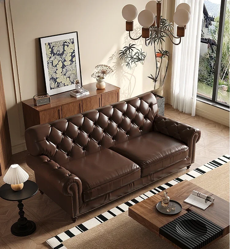 

American style living room leather sofa, high-end luxury, retro buckle sofa, small unit three person oil wax leather sofa