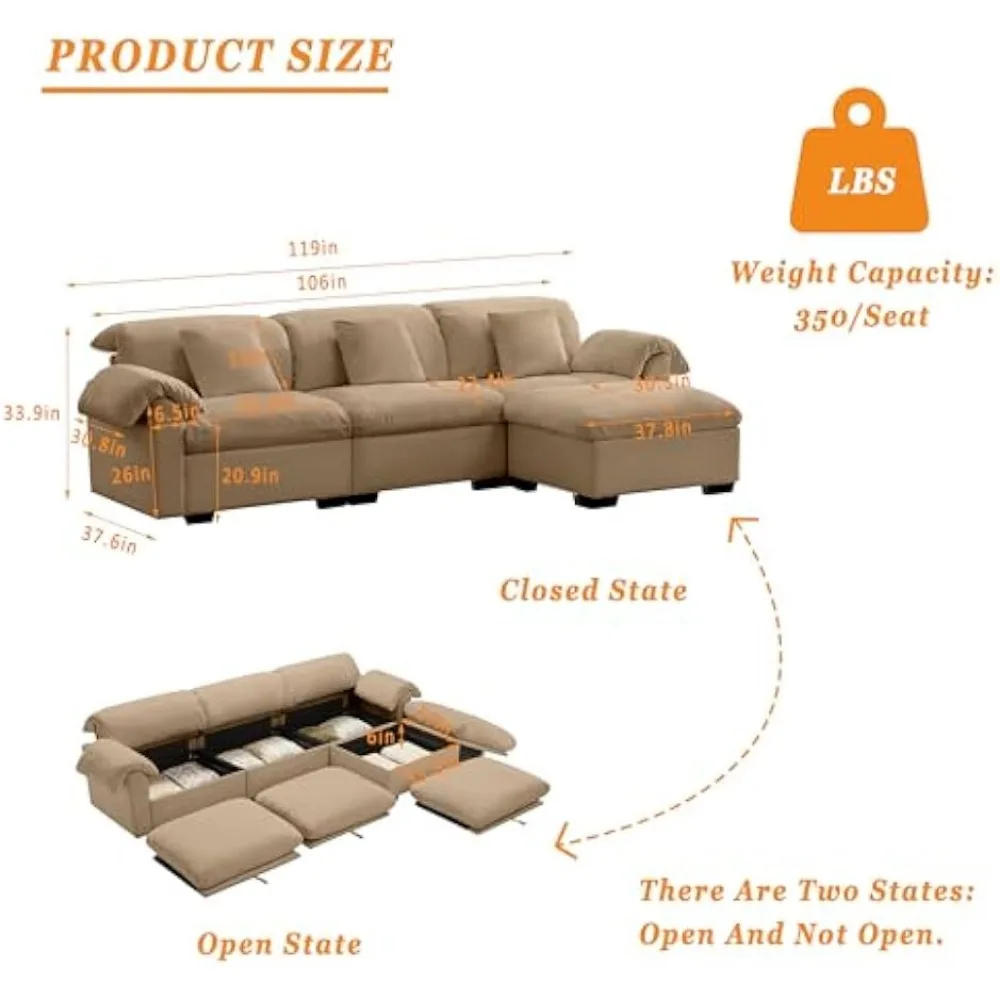 Cloud Couch Sectional Sofa for Living Room,L-Shape Velvet Sofa 3 Lumbar Pillows, Wide Arm Sofa with Ottoman, Solid Wood Frame