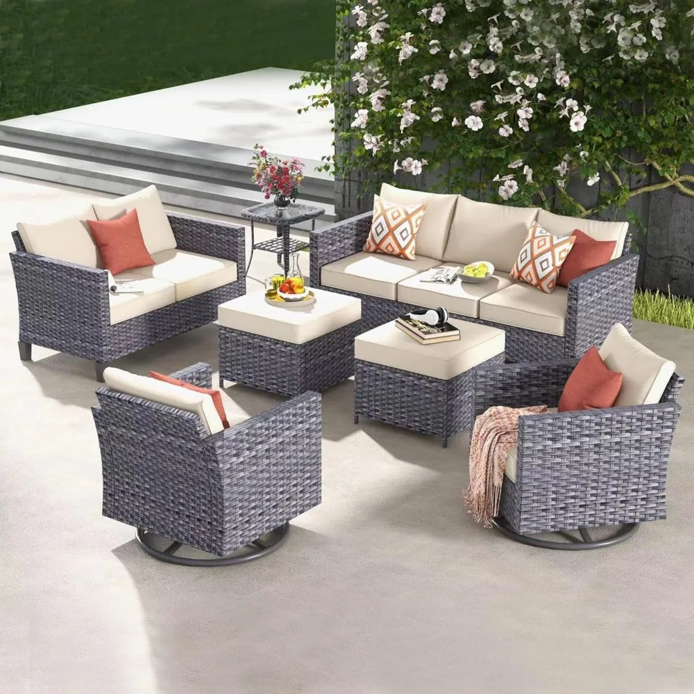 Patio furniture set, 7 pieces of outdoor wicker rattan sofa, double seat and comfortable cushion set for garden backyard deck