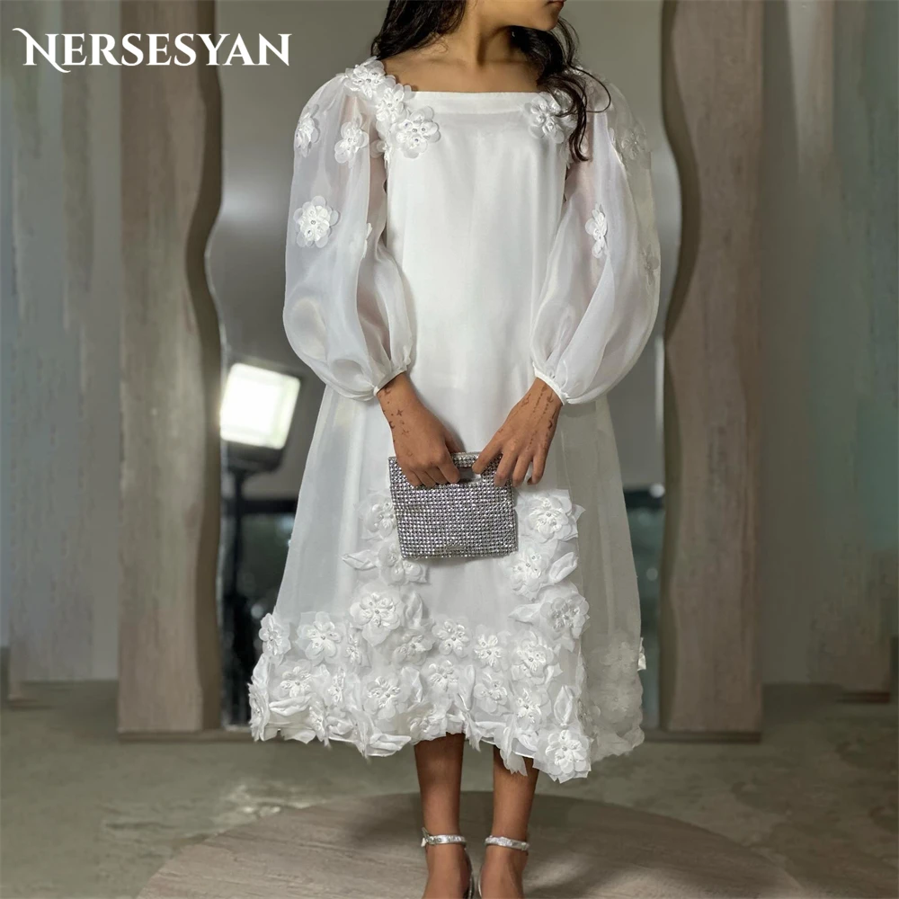 

Nersesyan Pure 3D Flowers Wedding Dresses Lantern Sleeves A-Line Ankle Length Bridal Gowns O-Neck Bride Dress فساتين حفلات الزفا