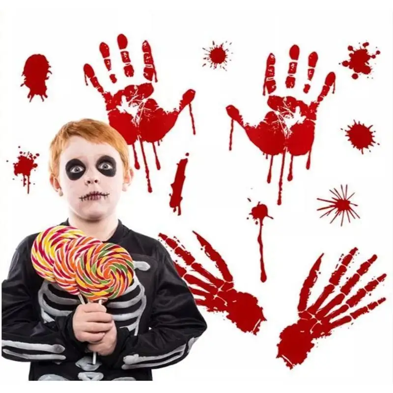 Halloween Bloody Handprint Wall Stickers Removable Window Glass Floor Decals Horror Haunted House Party Decoration Props