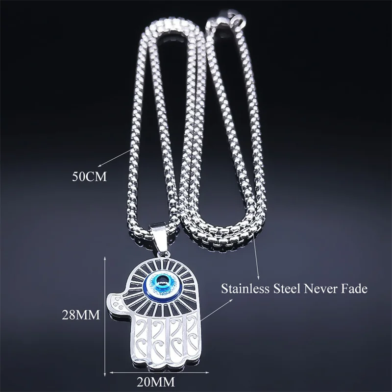 يد فاطمة الشر قلادة العين الزرقاء للرجال والنساء ، الفولاذ المقاوم للصدأ ، عين تركيا ، سلسلة الحظ ، المجوهرات ، اللون الفضي ، #6