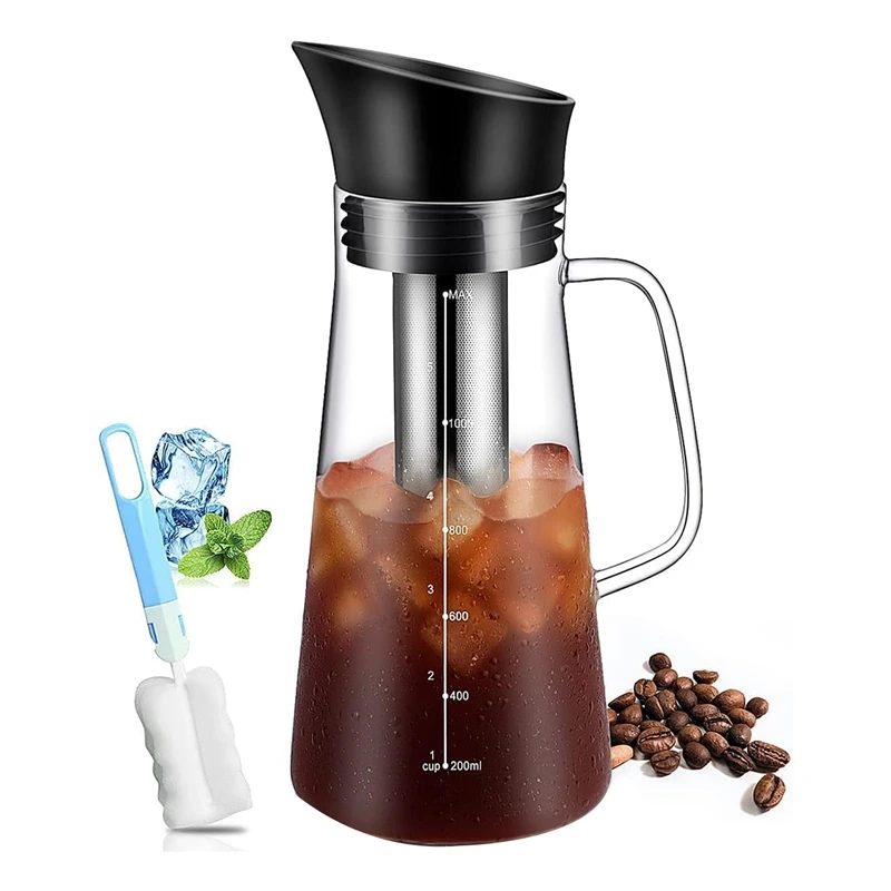 

Iced Coffee Maker Machine Cold Brew Tea Pitcher Durable Glass And Airtight Lid Coffee Pot 1.2L