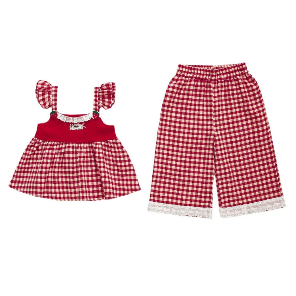 2026 Summer 1-12Y Girls Red White Gingham Set Flutter Sleeve Cami & Shorts, Korean Style 2PCS Out for 90-140cm