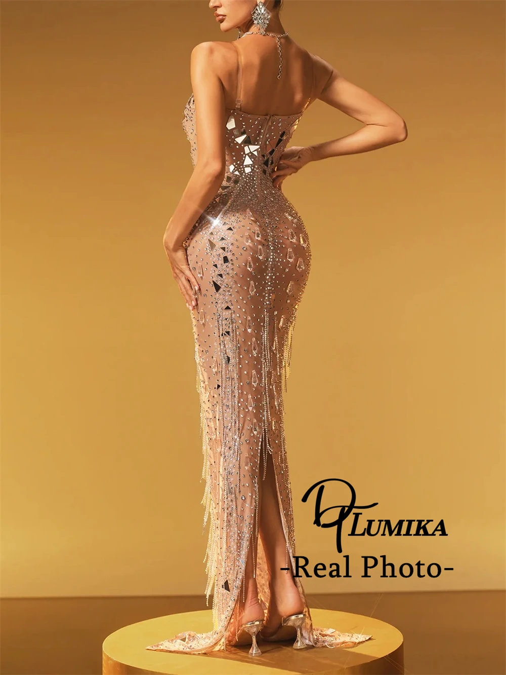 

DTLumika - See Through Maxi Dress for Women Strapless Mirro Tassels Sheath Long Formal Dresses for Party, Prom Cocktail Gown