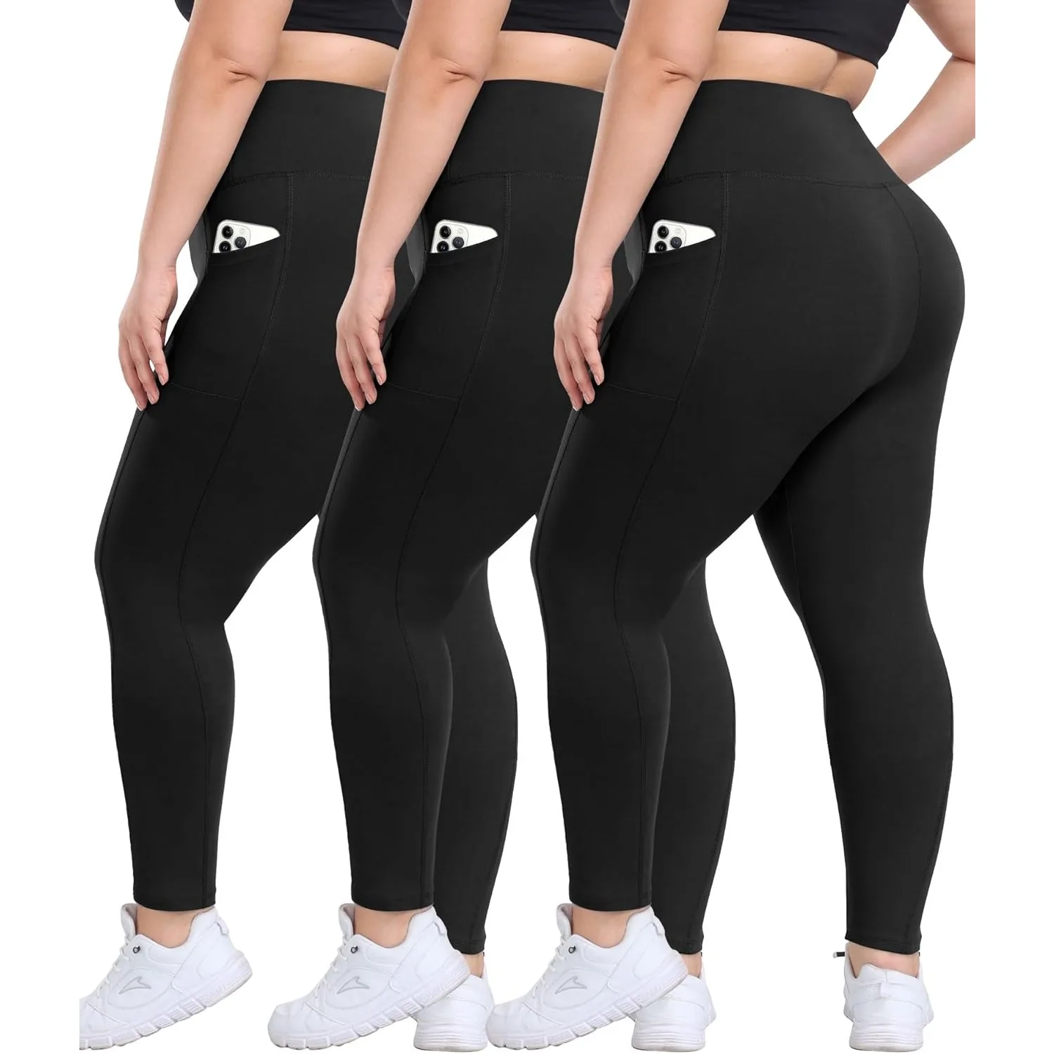 

ZENFLEX 3 Pack Plus Size Leggings with Pockets for Women - High Waisted Tummy Control Spandex Soft Black Workout Yoga Pants