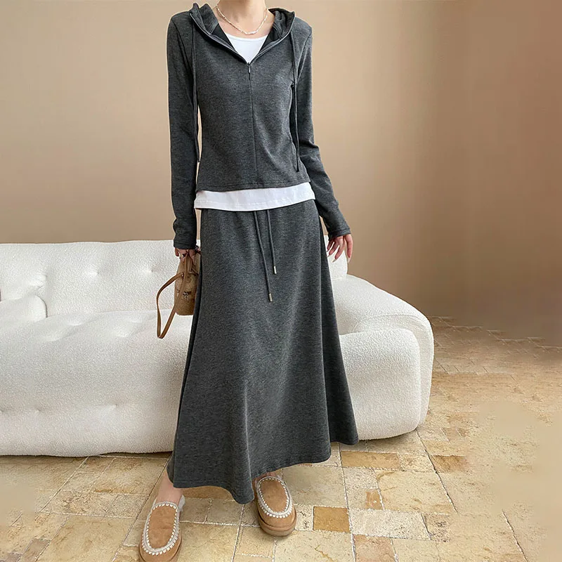 

Autumn Winter Women 2 Piece Tracksuits Slim Hooded Yoga Tops with High Waist A-line Large Swimg Skirts High Street Girls Outfits