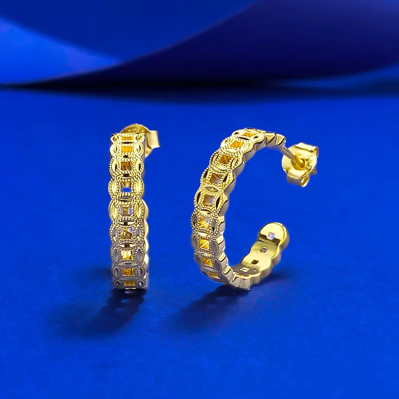 

New S925 Silver Plated New Chinese Old Money Style Copper Coin Earrings Female Geometric Hollow Wedding Jewelry