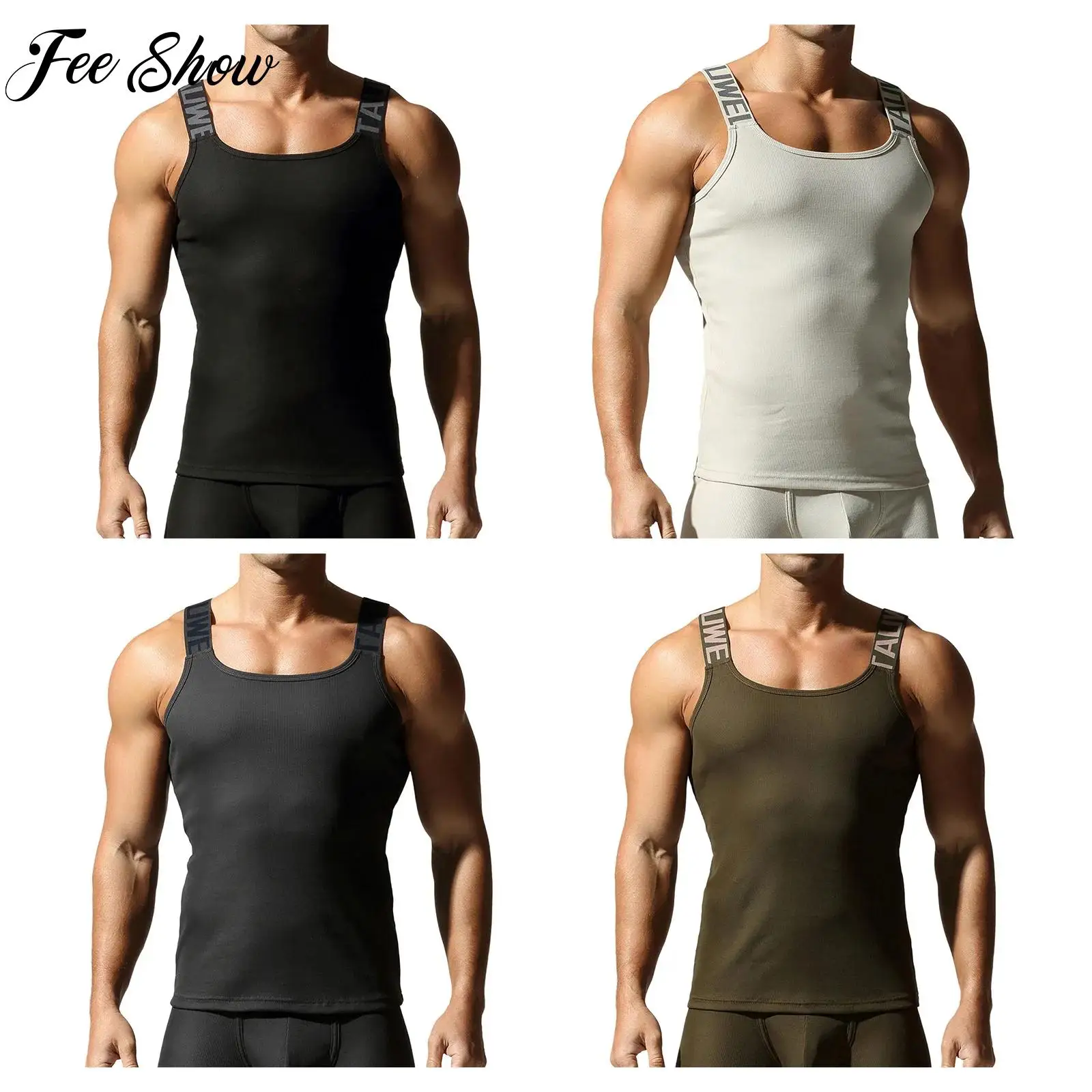 

Adult Mens Fitness Bodybuilding Tops Ribbed Muscle Tank Top Elastic Wide Shoulder Straps Sports Vest for Running Cycling Workout