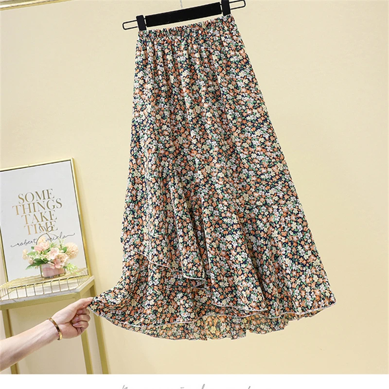 Plus Size Folds Chiffon Casual Floral Skirt Summer Loose Asymmetrical Faldas Streetwear Kawaii Long Skirts Women Korean Fashion