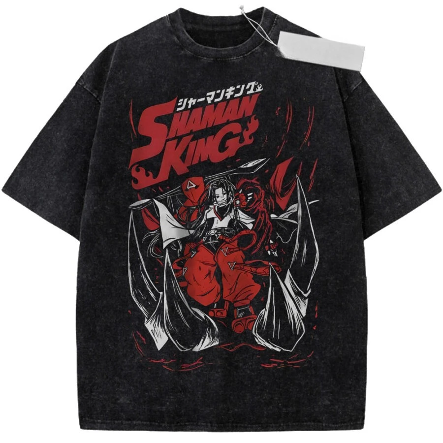 Camiseta lavada para amantes del anime Shaman King, ropa para todo el año, ropa con personalidad, talla grande, unisex, nuevo modelo, alta calidad para parejas