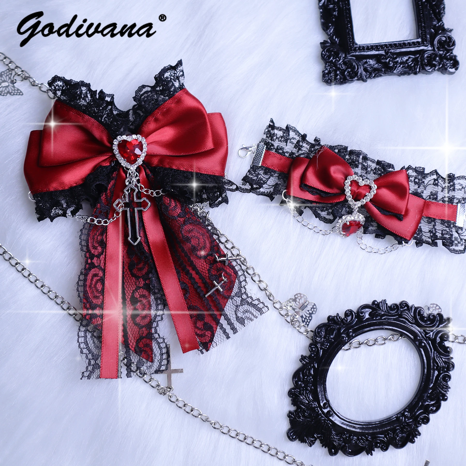 Original Japanese Mine-Style Mass-Production Lace Love Rhinestone Pendant Bow Bracelet Lolita Sweet Girls Lace Bow Bracelet Cuff