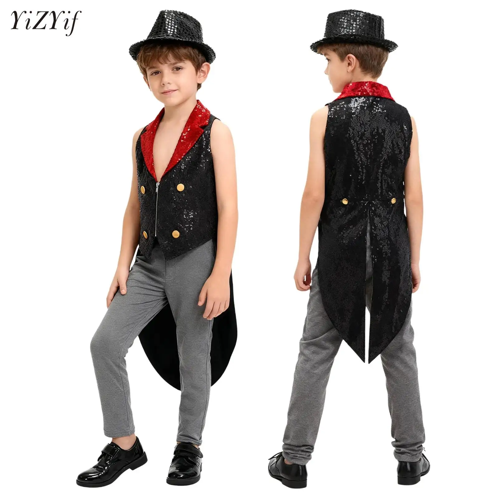 

Boys Girls Halloween Sequins Medieval Victorian Tailcoat Circus Ringmaster Cosplay Performance Costume with Magician Hat Set