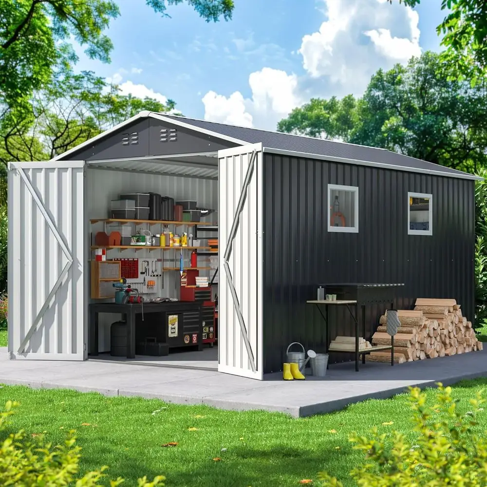 

8x11.6ft Outdoor Metal Storage Shed with Lockable Door & Windows, Perfect for Garden Tools, Grey