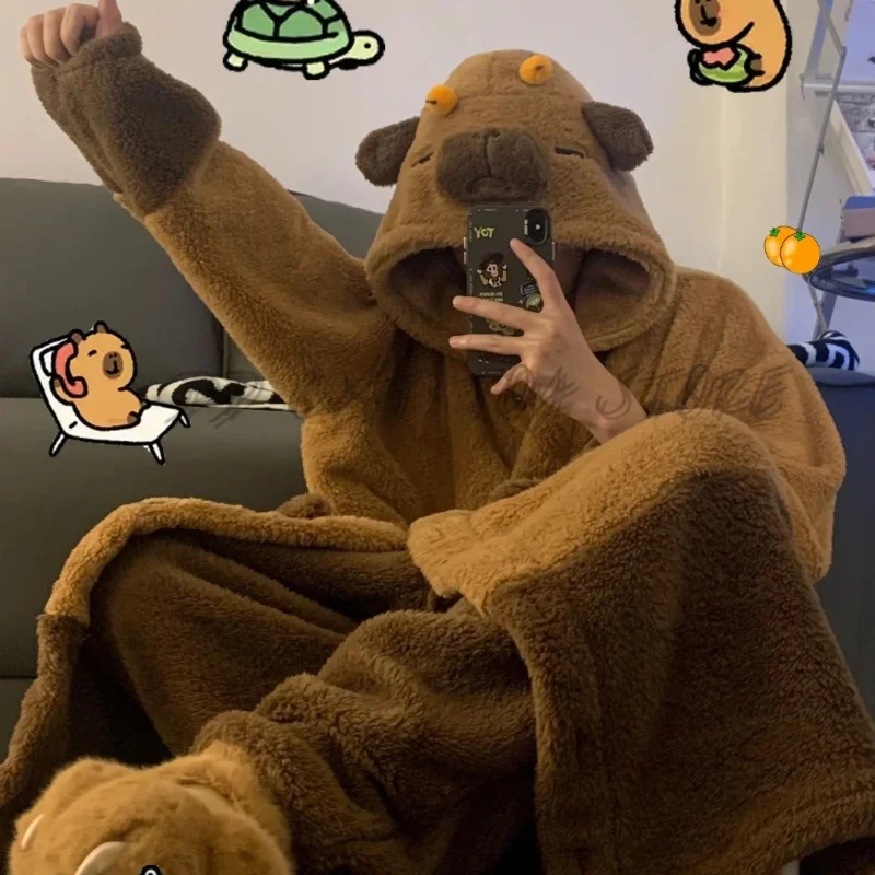 Cartoon Animal Capybara Pajama Set Cosplay Winter Soft Plush Jumpsuit Adults Anime Velvet Pajama Night Robe Clothes Suit Gift