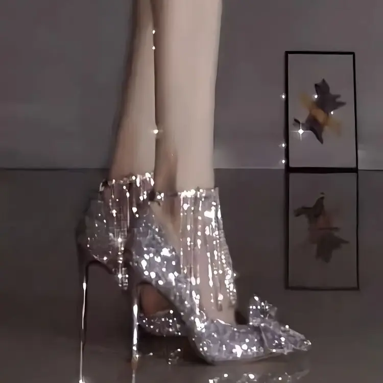 

New High Heels Bride Women's Wedding Crystal Shoes Silver Sequins Wedding Shoes
