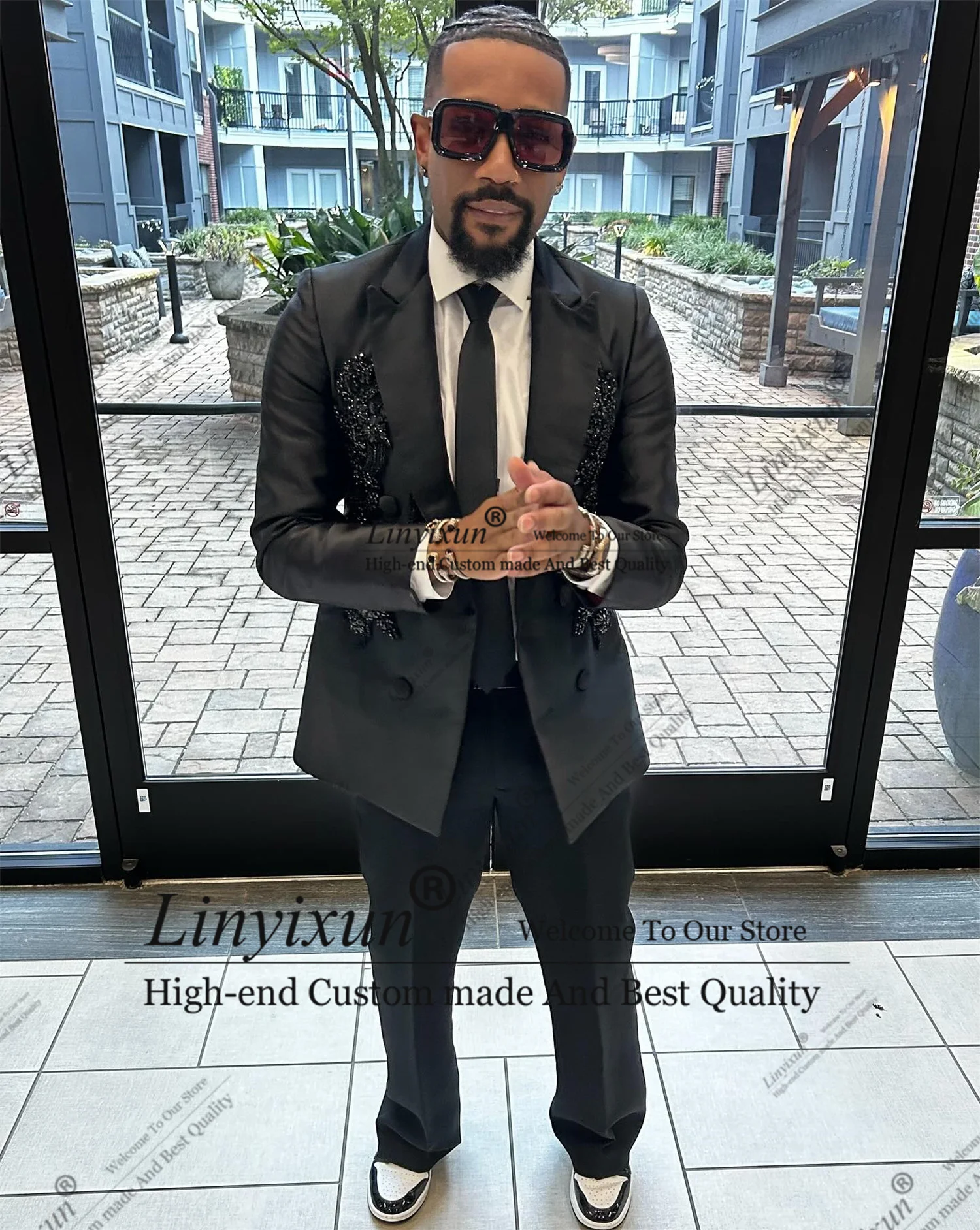 Simple Fashionable Beadeds Men Suits Peaked Lapel Groom Tuxedos 2 Pieces Sets Party Prom Blazer Customized Costume Homme